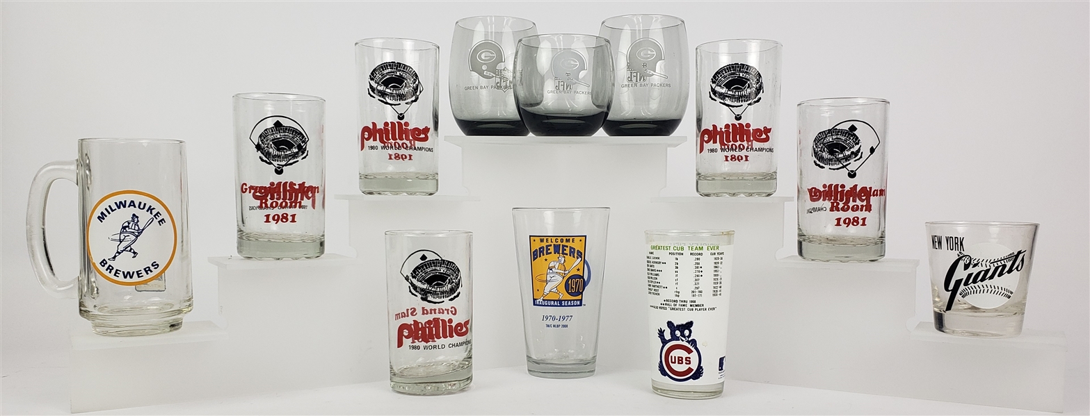 1960s-1980s Baseball & Football Glassware Including Milwaukee Brewers & Green Bay Packers (Lot of 12)