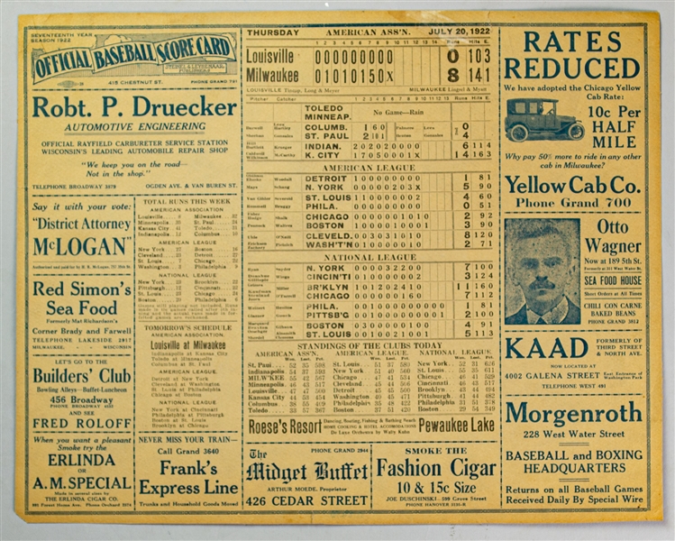 1922 Milwaukee Brewers American Association 11" x 14" Scorecard Place Mat