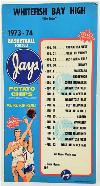 1973-74 Whitefish Bay High School Jays Potato Chips 11 X 21 Broadside Basketball Schedule
