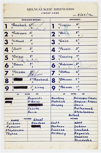 1972 Milwaukee Brewers Signed Starting Line Up 9x14 Card w/ Rick Auerbach, Johnny Briggs & more (JSA)