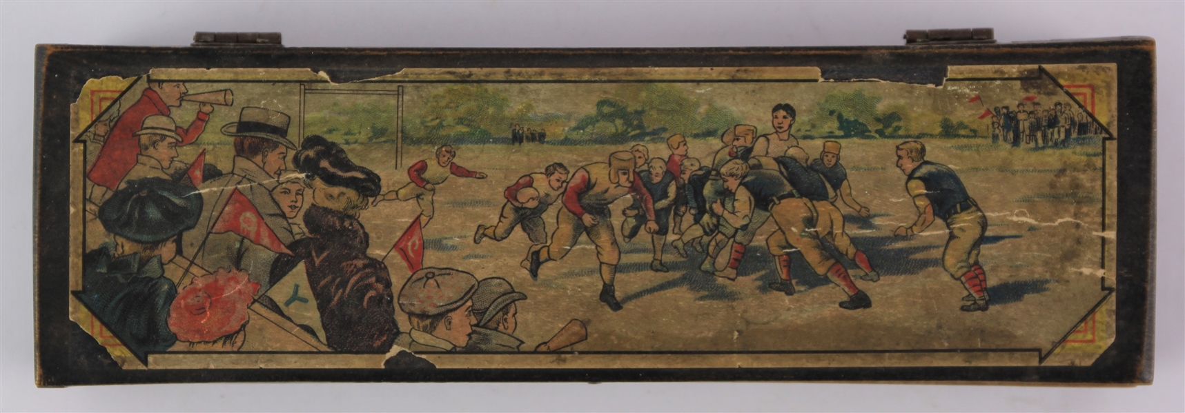 1900s Football Scene 2.25" x 8" x 1.5" Hinged Wooden Pencil Box 