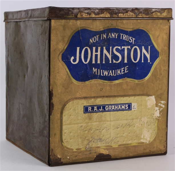 1950s Johnston Cookies RAJ Grahams Tin Sales Box w/ Hinged Lid