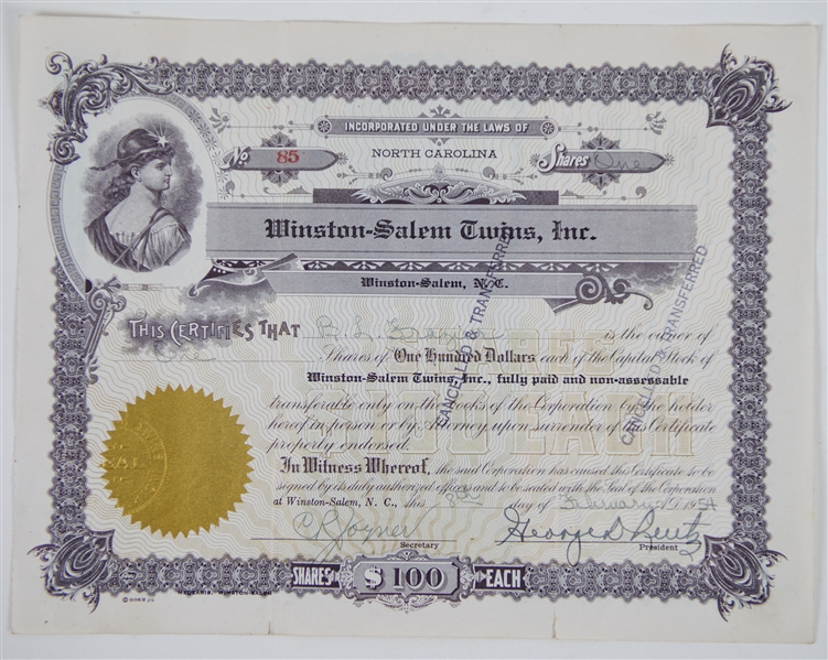 1954 Winston-Salem Twins North Carolina Capital Stock Certificate & Certified Letter of Stock Transfer 