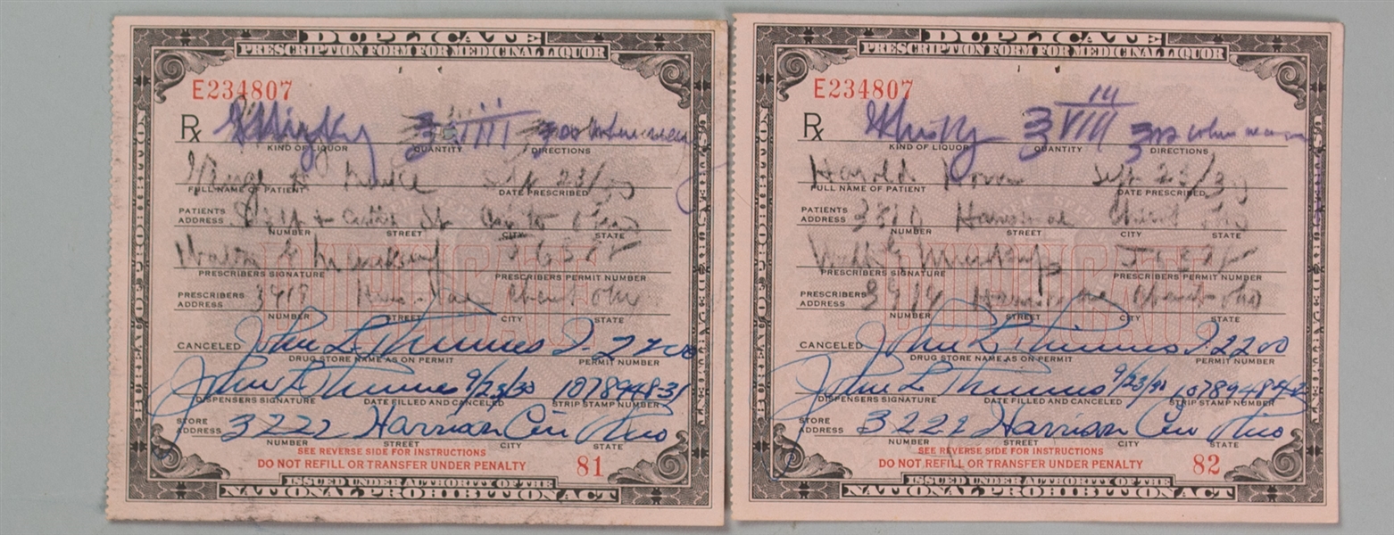 1930 Whiskey Prescription Form For Medicinal Liquor Issued During Prohibition - Lot of 2 
