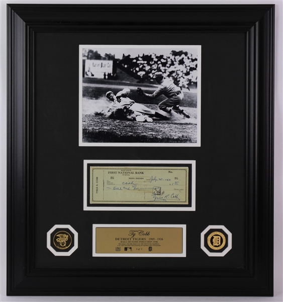 1949 Ty Cobb Detroit Tigers 22" x 25" Framed Display w/ Signed Check (JSA)