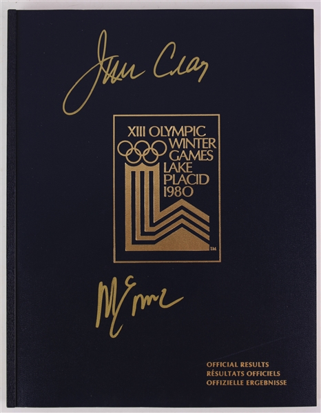 1980 Jim Craig Mike Eruzione USA Hockey Signed XIII Olympic Winter Games Lake Placid Softcover Official Results Book (JSA)