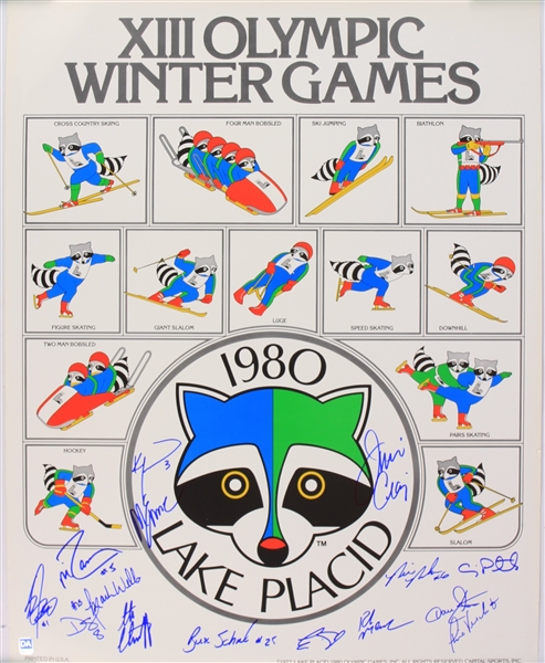 1980 USA Hockey Team Signed 19" x 24" XIII Olympic Winter Games Lake Placid Poster w/ 15 Signatures Including Jim Craig, Mike Eruzione, Bill Baker & More (JSA) 