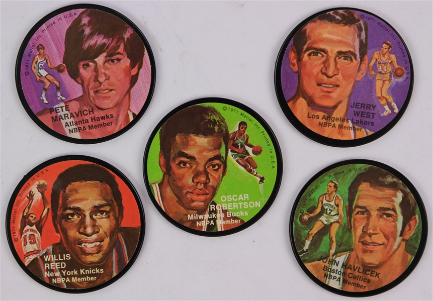 1971 Pete Maravich Jerry West Oscar Robertson John Havlicek Willis Reed Instant Replay Discs - Lot of 5