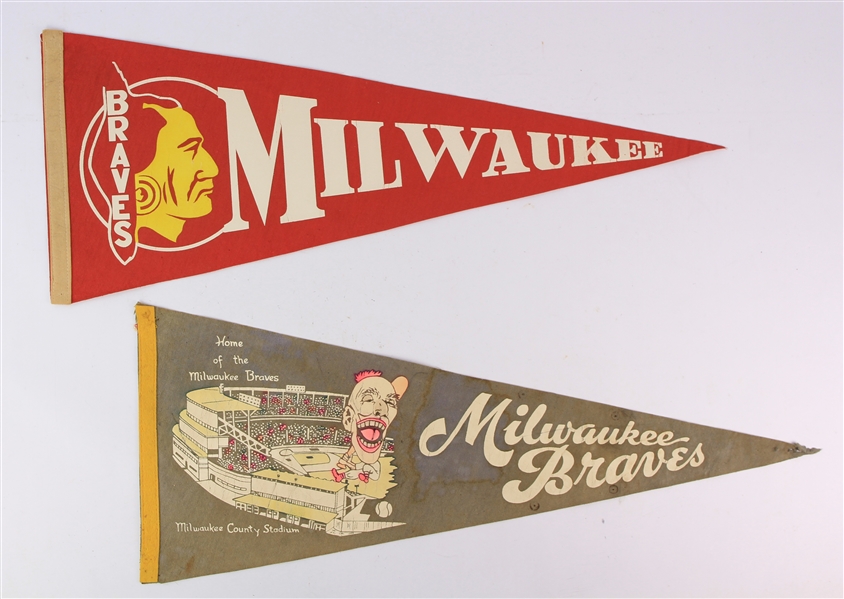 1953-65 Milwaukee Braves 29" Full Size Pennants - Lot of 2 