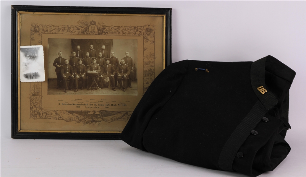 1898-1920s Turn of the Century Military Memorabilia w/ US Jacket, 13" x 16" Framed German Photo & Sweetheart Snapshot 
