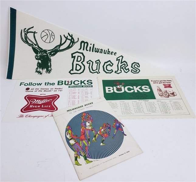 1968-72 Milwaukee Bucks Memorabilia - Lot of 4 w/ Full Size Pennant, Game Program & Placemats