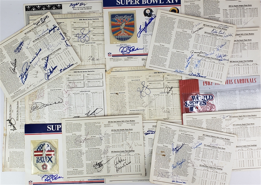 1948-99 Baseball & Football Signed 9" x 12" Patch & Logo Sheets - Lot of 17 w/ Super Bowls, World Series & More