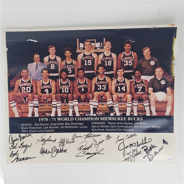 1970-71 Milwaukee Bucks Team Signed 16" x 20" World Champions Team Photo w/ 13 Signatures Including Kareem Abdul Jabbar, Oscar Robertson, Jon McGlocklin & More (JSA)