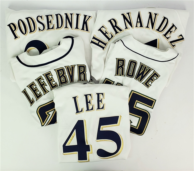 1995-2006 Milwaukee Brewers Game Worn Home Jersey Collection - Lot of 5 w/ Scott Podsednik, Carlos Lee & More (MEARS LOA