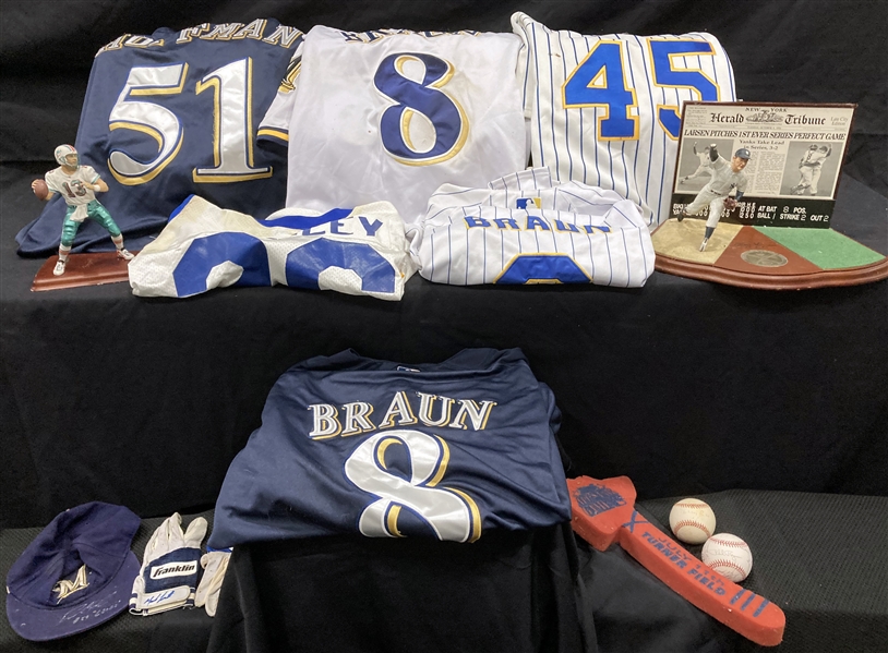 Brewers shirts (5) Figurines, Signed NBA and NFL Cards