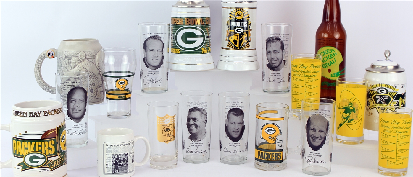 1970s-90s Green Bay Packers Drinking Glass & Beer Stein Collection - Lot of 50+ w/ Vince Lombardi, Bart Starr, Ray Nitschke & More