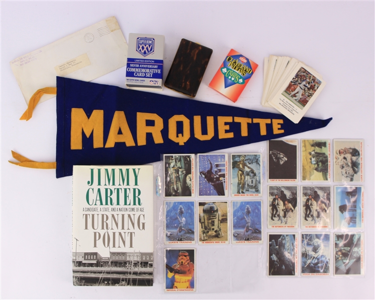 1950s-90s Memorabilia Collection - Lot of 60 w/ Jimmy Carter Signed Book, Kim Novak Signed Fan Club Photo, Marquette 23" Felt Pennant, Star Wars Cards & More (JSA)