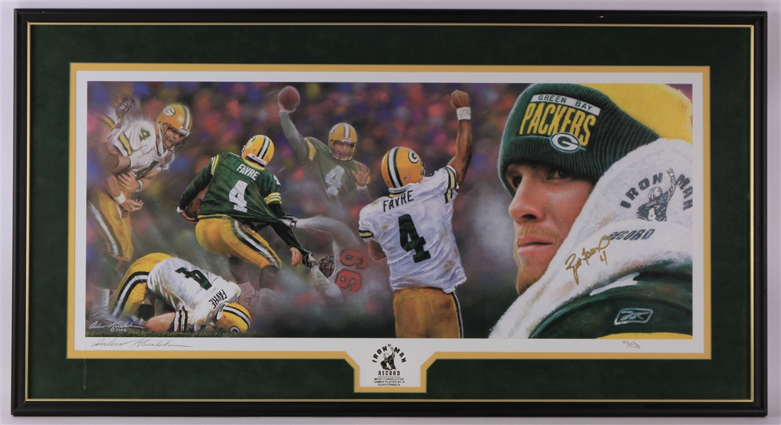2002 Brett Favre Green Bay Packers Signed 21" x 38" Framed Iron Man Lithograph (Artist COA/JSA) 42/500