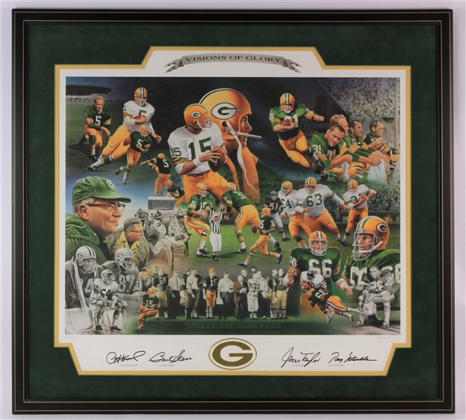 1997 Bart Starr Ray Nitschke Jim Taylor Paul Hornung Green Bay Packers Signed 31" x 34" Framed Visions of Glory Lithograph (JSA) 117/500