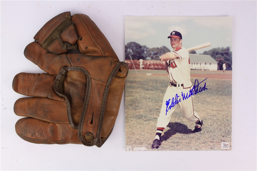 1950s Nellie Fox Chicago White Sox Clubhouse Signed Store Model JC Higgins Fieleders Mitt + Eddie Mathews Milwaukee Braves Signed 8" x 10" Photo (JSA)
