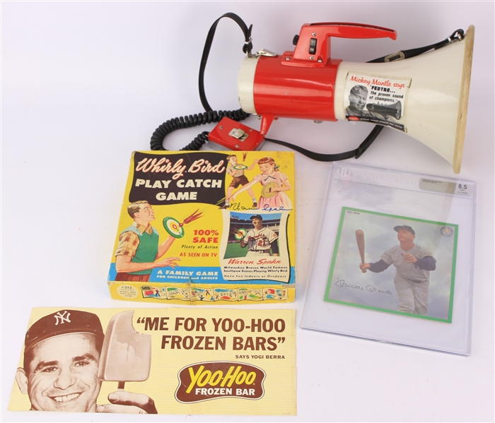 1950s-60s Baseball Memorabilia - Lot of 4 w/ Warren Spahn Signed Whirly Bird Game, Yogi Berra YooHoo Broadside & Mickey Mantle Megaphone/Beckett Slabbed Auravision Record (JSA)