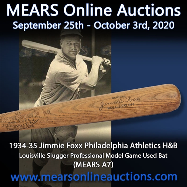 1934-35 Jimmie Foxx Philadelphia Athletics H&B Louisville Slugger Professional Model Game Used Bat (MEARS A7) 