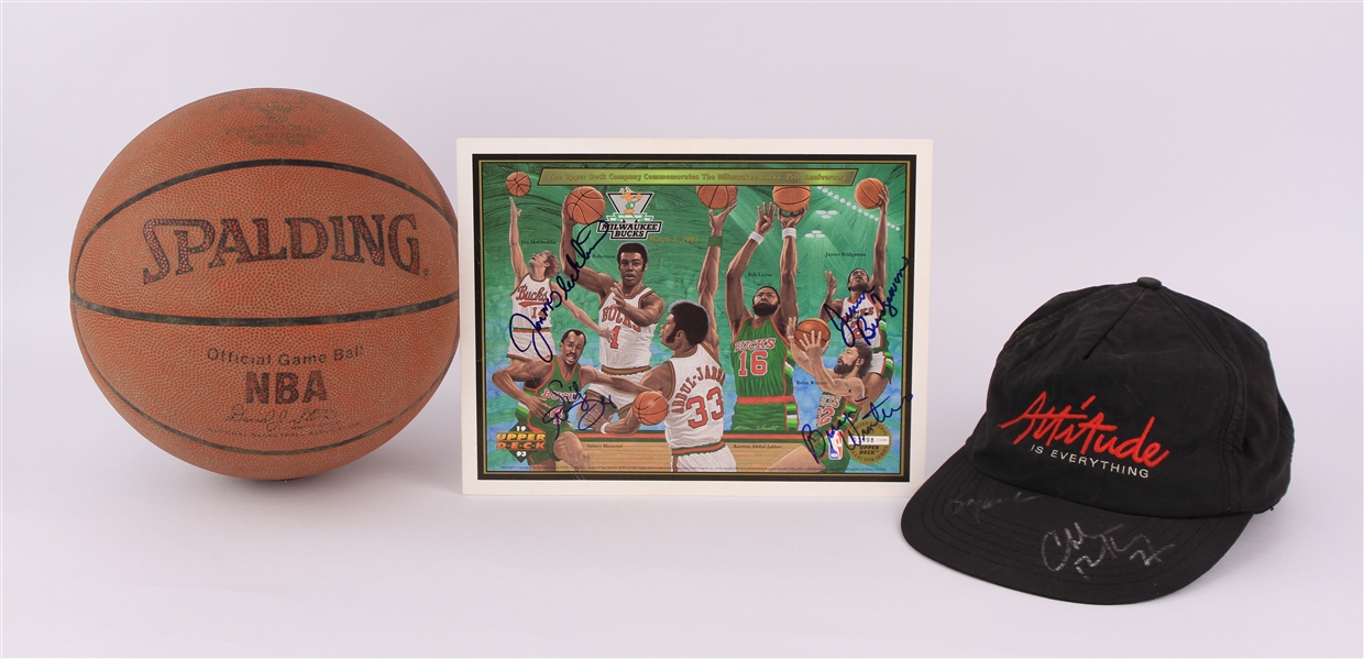 1990s Basketball Memorabilia - Lot of 3 w/ 1996 Chicago Bulls NBA Champions Basketball, Charles Barkley/Bob Lanier Signed Cap & Multi Signed Milwaukee Bucks 25th Anniversary Upper Deck Print (JSA)