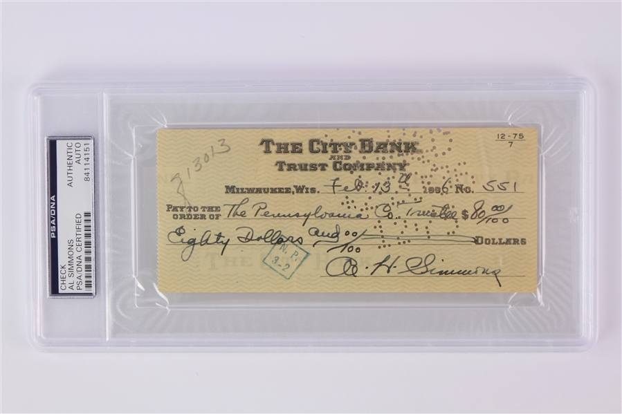1936 Al Simmons Philadelphia Athletics Signed City Bank & Trust Company Check (PSA/DNA Slabbed Authentic)