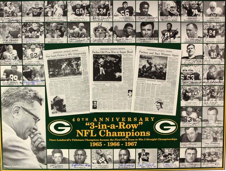 2007 Green Bay Packers Multi Signed 18" x 24" 40th Anniversary 3-in-a-Row NFL Championships Posterboard w/ 31 Signatures Including Bart Starr, Herb Adderley, Dave Robinson & More (JSA) 364/1967