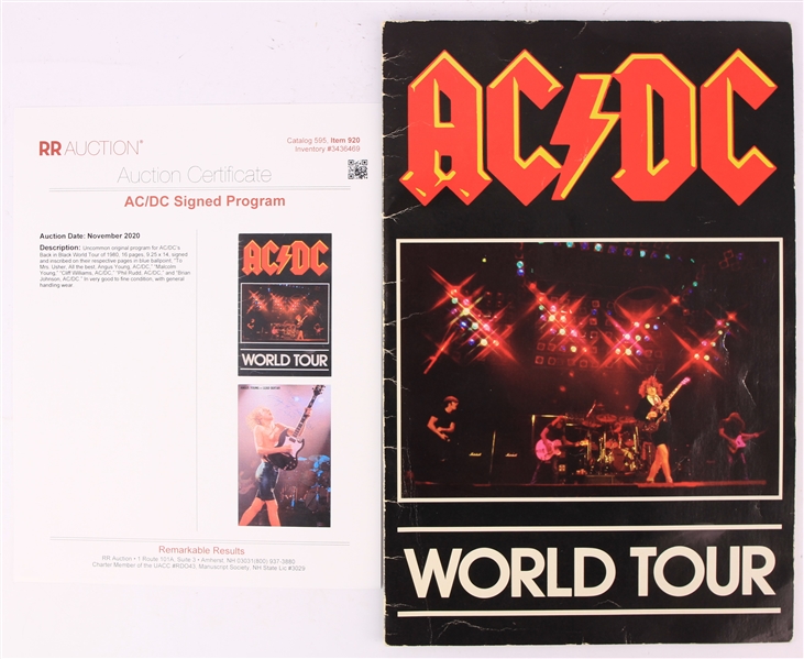 1980 AC/DC Multi Signed Back in Balck World Tour Program w/ Angus Young, Brian Johnson, Malcolm Young, Cliff Williams & Phil Rudd (JSA)
