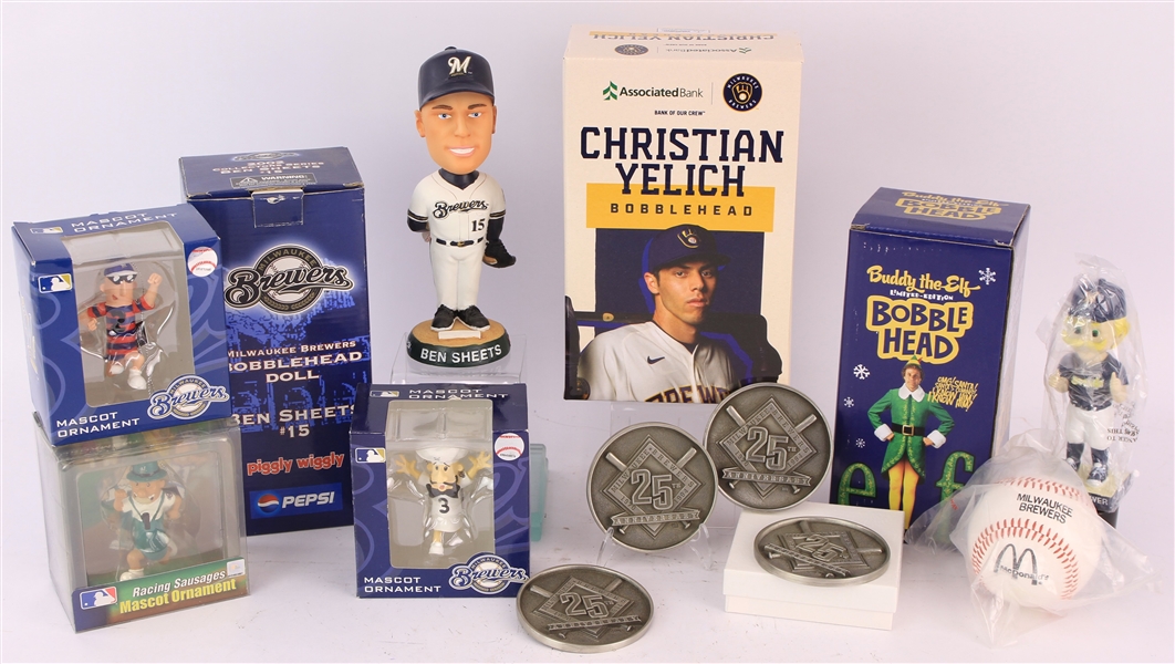 2000s Milwaukee Brewers Memorabilia Collection - Lot of 13 w/ MIB Bobbleheads, Racing Sausage Ornaments & Medallions