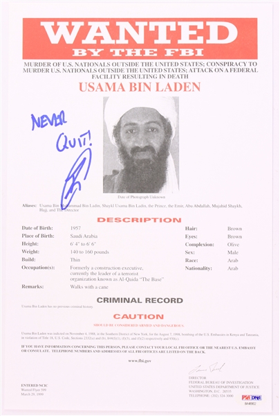 2019 Robert ONeill Navy SEAL Signed 8.5" x 13" Usama Bin Laden FBI Most Wanted Poster (PSA/DNA)
