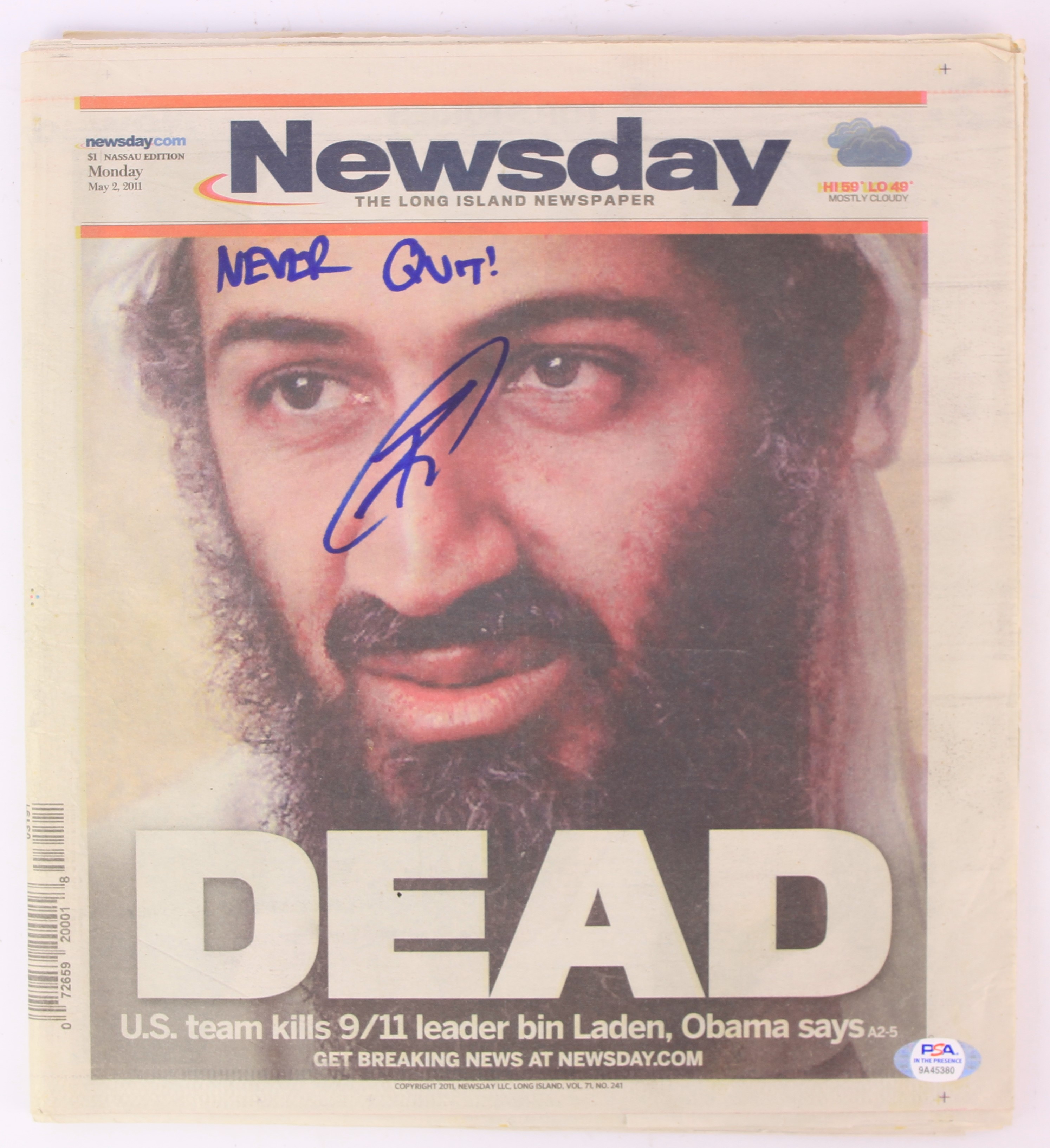 Lot Detail 11 Robert O Neill Navy Seal Signed Osama Bin Laden Newsday Newspaper Psa Dna