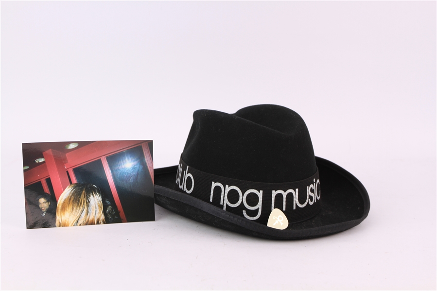 2001-06 Prince Personally Worn NPG Music Club Hat, Guitar Pick & Photo - Lot of 3 (MEARS LOA)   