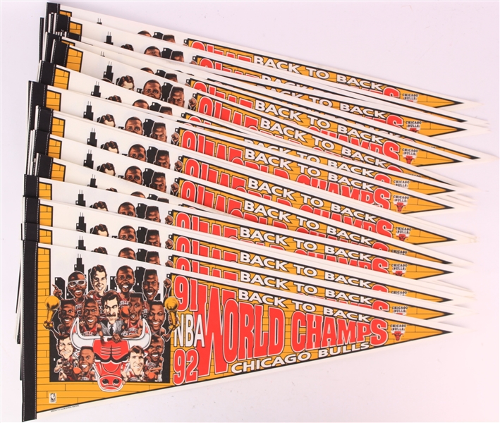 1991-92 Chicago Bulls Back to Back World Champs Full Size 30" Caricature Pennants - Lot of 40