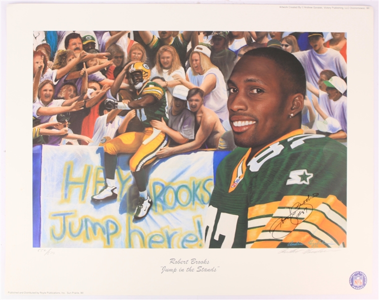 1996 Robert Brooks Green Bay Packers Signed 22" x 28" Jump In The Stands Lithograph (JSA) 552/870