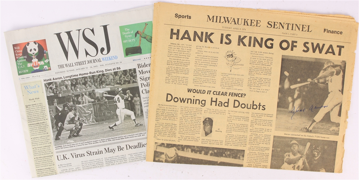 1974-21 Hank Aaron Atlanta Braves Newspaper Collection - Lot of 2 w/ 1 Signed (JSA)