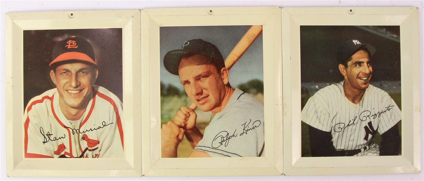 1946-50 Stan Musial Ralph Kiner Phil Rizzuto 4.75" x 5.75" Tin Photo Displays - Lot of 3
