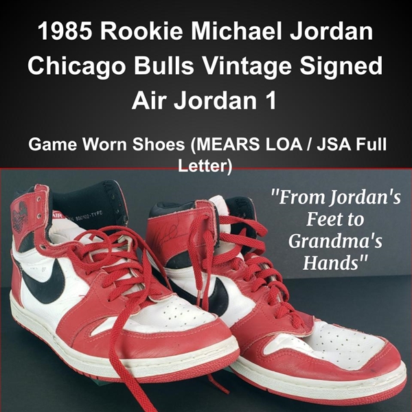 1985 Rookie Michael Jordan Chicago Bulls Vintage Signed Air Jordan 1 Game Worn Shoes (MEARS LOA / JSA Full Letter) "From Jordans Feet to Grandmas Hands"
