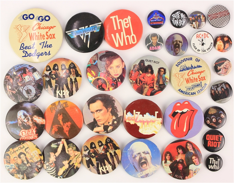 1970s-80s Rock N Roll Pinback Button Collection - Lot of 30 w/ Led Zeppelin, Rolling Stones, Van Halen & More