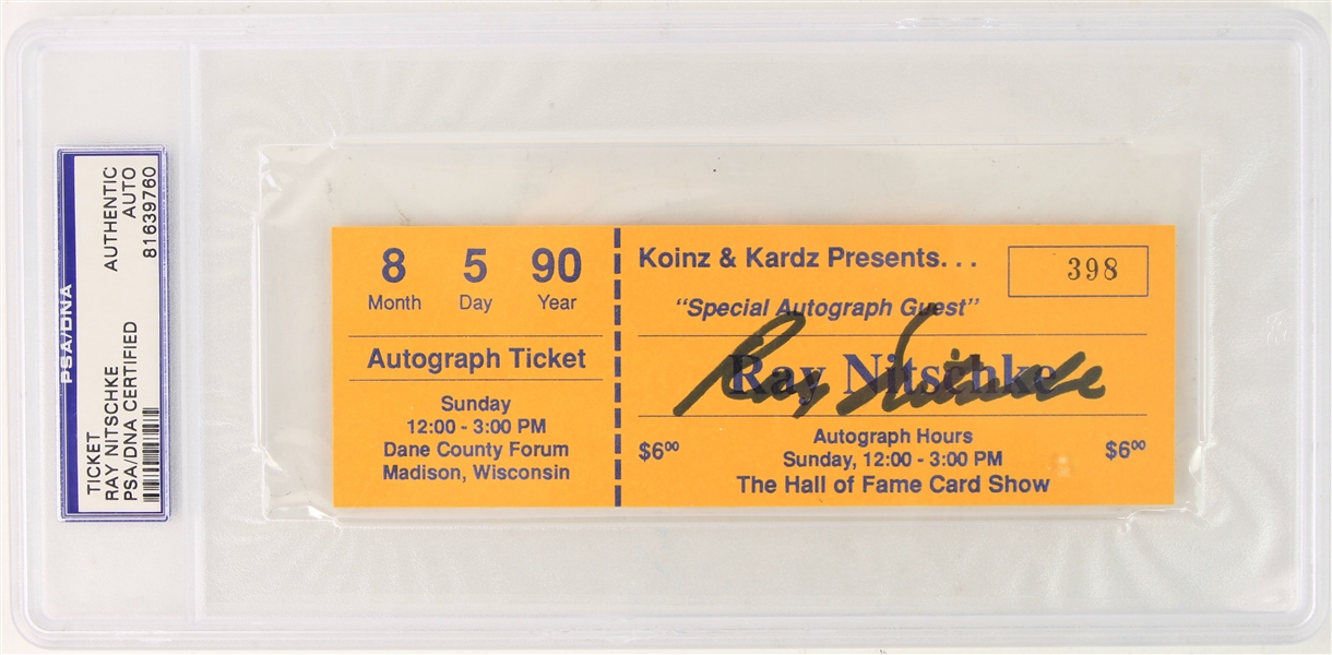 1990 Ray Nitschke Green Bay Packers Signed Autograph Ticket (PSA/DNA Slabbed) 