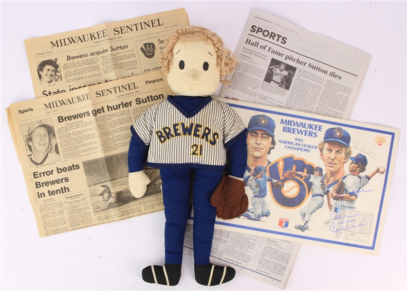 1982-2021 Don Sutton Milwaukee Brewers Memorabilia Collection - Lot of 4 w/ Signed Plush Doll, Signed McDonalds Placemat & Newspaper Sections