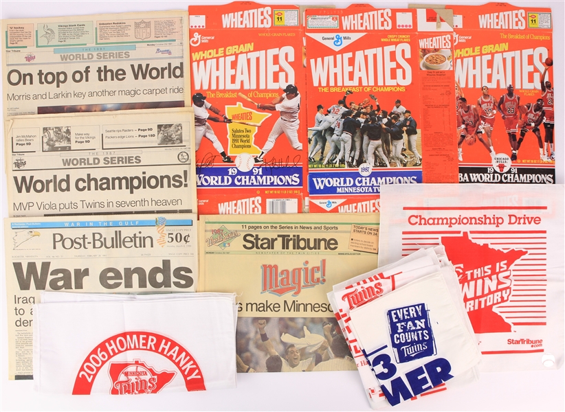 1980s-2000s Minnesota Twins Memorabilia Collection - Lot of 28 w/ Homer Hankies, Newspapers & Wheaties Boxes