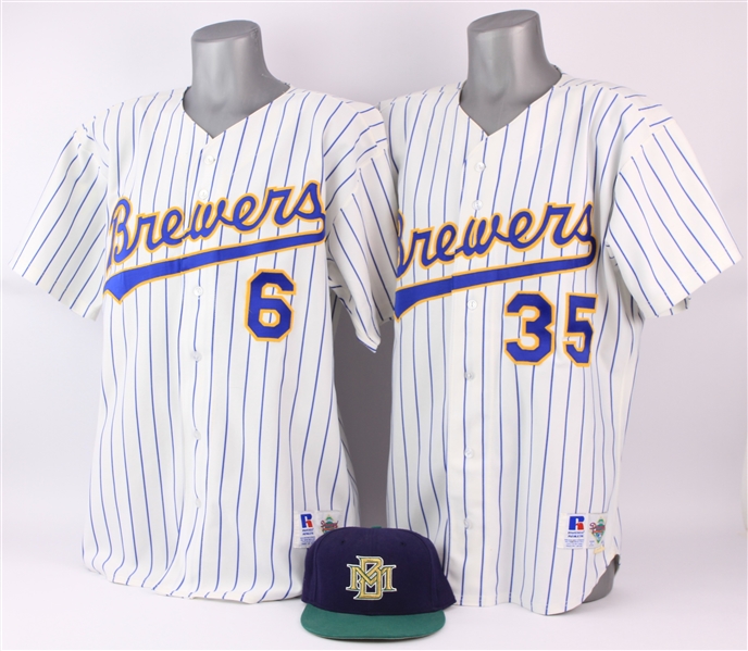 1992-96 Milwaukee Brewers Apparel Collection - Lot of 3 w/ Bill Castro Jersey, Andy Allanson Jersey & Bill Schroeder Signed Cap (MEARS LOA/JSA)