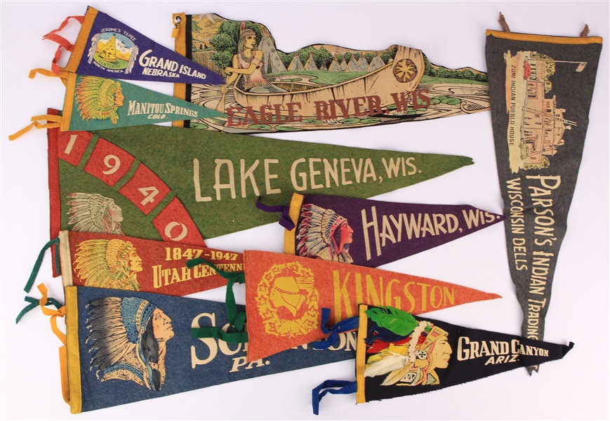 1940s-60s Native American Felt Pennant Collection - Lot of 13 w/ Grand Canyon, Wisconsin Dells, Lake Geneva & More 
