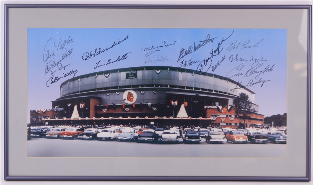 1958 Milwaukee Braves Multi Signed 16" x 28" Framed County Stadium Photo w/ 16 Signatures Including Warren Spahn, Del Crandall, Whitey Ford & More (JSA)