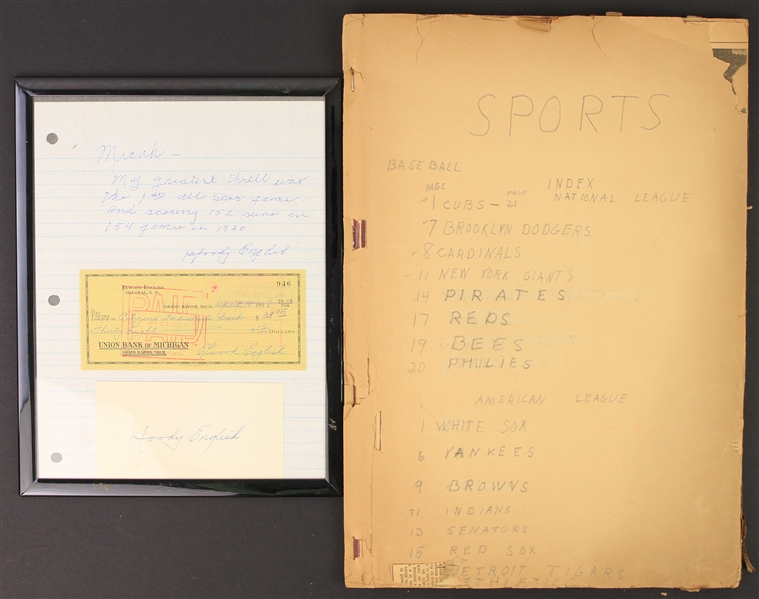 1930s-50s Woody English Chicago Cubs Memorabilia Collection - Lot of 4 w/ Signed Letter, Check & Index Card (JSA)
