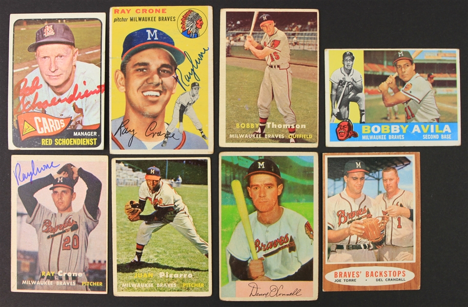 19 Milwaukee Braves Baseball Trading Card Collection - Lot of 8 w/ 3 Signed Including Red Schoendienst & Ray Crone (JSA)