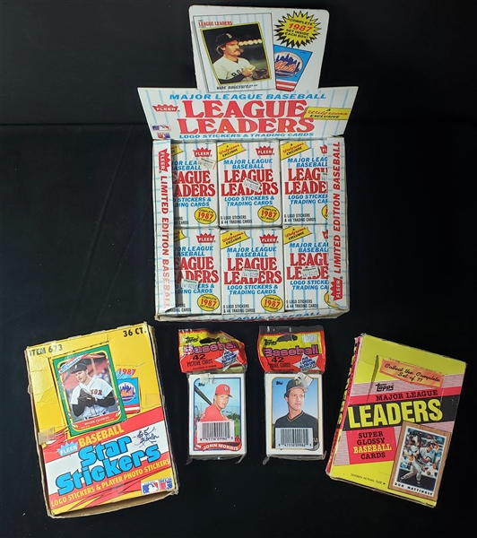 1987-89 Unopened Baseball Trading Card Collection - Lot of 5 w/ 1987 Fleer League Leaders Hobby Box, 1987 Fleer Star Stickers Hobby Box, 1987 Topps League Leaders Hobby Box & More