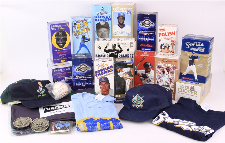 1980s-2000s Milwaukee Brewers Memorabilia Collection - Lot of 37 w/ MIB Bobbleheads, Apparel, Bob Uecker Key Chain & More
